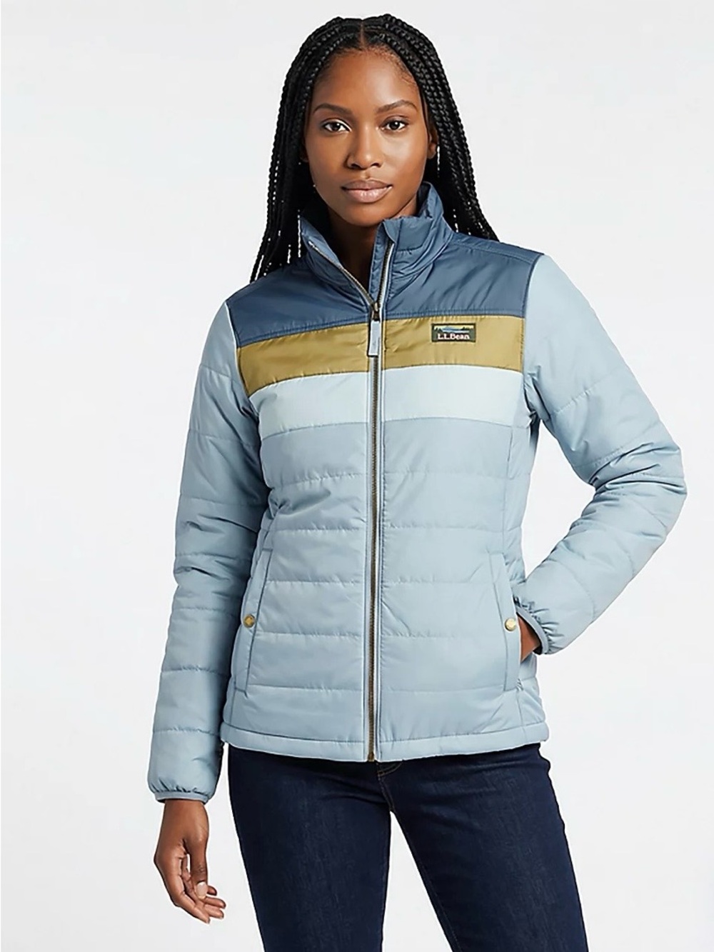 L.L. Bean Women's Light Blue, Green, and Navy Colorblock Puffer Jacket